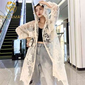 Summer Mesh Lace Embroidery Coat Sun Protection Shirt Seaside Vacation Lace-up Long Cardigan Hooded Women Zip 210506