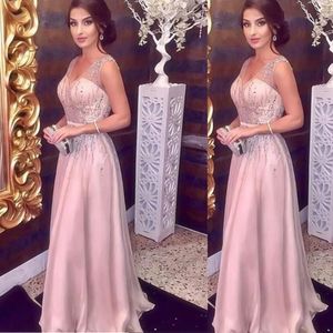 Luxury Beadings Crystals Sequined Prom Dresses Deep V Neck Party Pink A Line Formal Evening Gowns Vestidos