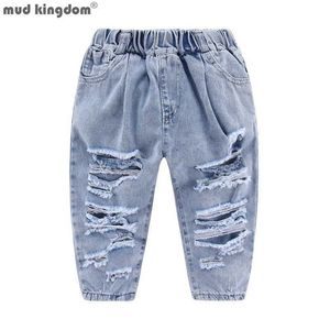 Mudkingdom moda strappato jeans di caviglia per ragazzi ragazze bianco denim crop pantaloni pantaloni per bambini in vita elastico bambini vestiti estivi 210615