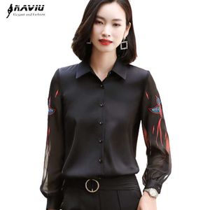 刺繍シルクシャツ女性長袖デザイン気質ファッションブラックハイエンドブラウスオフィスレディースフォーマルワークトップ210604