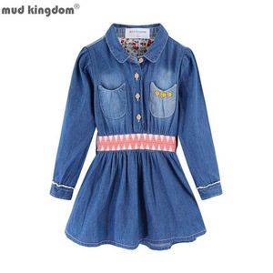 Mudkingdom Cinch Talia Jean Dress Dla Dziewczyn Z Długim Rękawem Przycisk Down Little Girl Clothing Toddler Sukienki Wiosna Jesień Moda 210615