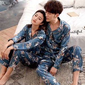 Влюбленные зимние пижамы пары унисекс шелковые сонные мелочные Pajama наборы ночные женщины пижамы наборы Pajama с длинным рукавом Men Lounge Pijamas 211110