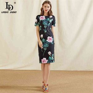 Fashion Runway Summer Dress Women O-Neck Short Sleeve Rose Flower Print Black Slim Vintage Ladies Midi Dresses 210522