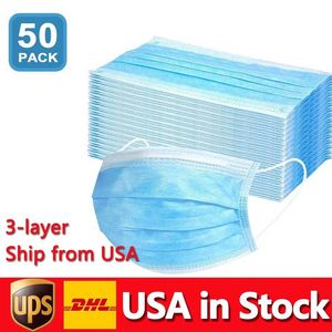 USA in Stock Disposable Masks 50pcs Protection and Personal 3-Layer Facial Cover with Earloop Mouth Face Sanitary Health Mask 496