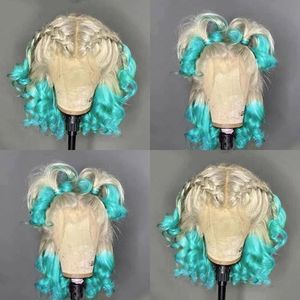 2021 moda 360 frontale corto ondulato parrucche biondo ombre colore verde capelli brasiliani parrucca anteriore in pizzo sintetico per le donne cosplay