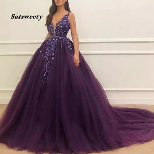 Deep Purple Sleeveless Crystals Pärlad bollklänning Prom Dresses Vestidos de Gala Deep V Neck Prom Gown Long Long