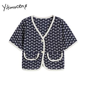 Yitimuceng Vintage Kwiatowy T Koszulki Kobieta Pocket Button Up Tees V-Neck Topy Solid Blue Summer Moda Dzianiny Tshirts 210601