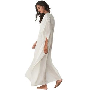 Summer Imitation Cotton Robe Beach Bikini Cover Up Loose Plus Size Vacanze al mare Scollo a V Bianco Femminile Protezione solare Abito da donna Swimwea