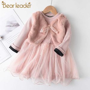 Bear Leader Girls Winter Dress Fashion Princess Siatki Sukienki Dzieci Jesień Fur Kamizelka Odzież Baby Cute Vestidos 2 7 lat 210708