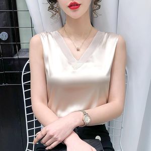 Damskie Bluzki Koszule Silk Womans Topy Satin Siatka Dla Kobiet Sexy Kobieta V-Neck White Basic Top Femal Plus Rozmiar Kamizelka Bez Rękawów OL