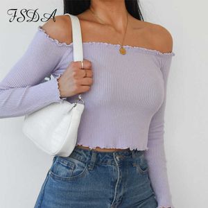 FSDA Autumn 2020 Summer Long Sleeve Crop Top Knit Women Ruffles Khaki Casual T Shirts Basic Off Shoulder Sexy Top Shirt Y0629