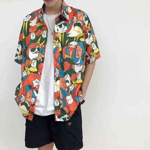 Ins Sommar Kortärmad Blomskjorta Mäns och Kvinnors Handsome Hawaiian Beach Loose Shirt Harajuku T Shirts för män Factory 2021 G0105