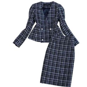 秋と冬の女性の気質チェック柄ツイードスーツのスカート2ピース高品質のオフィスの高腰衣装のプロの着用210527