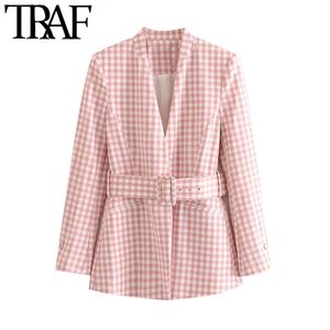 TRAF Women Fashion Office Wear With Belt Plaid Blazer Coat Vintage Långärmade fickor Kvinnliga Ytterkläder Chic Toppar 210415