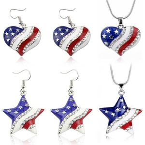 Multilayer Glitter White Rhinestone Earrings Stripe Print American Usa Flag Heart Five-star Shape Earrings Women Fashion Jewelry Q0709