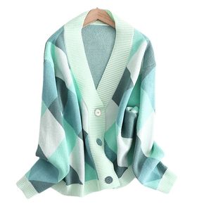 V Neck Knit Oversize Female Cardigan Winter Argyle Single-Breasted Women's Sweater coat Autumn Loose Jacket 211011