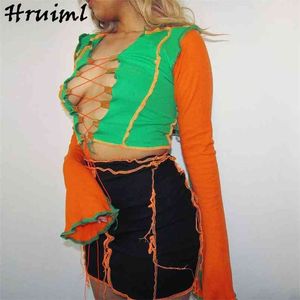 T Shirt Crop Top Manica lunga femminile OrangeGreen Patchwork Scava fuori Ladies Sexy Bandage Moda Abbigliamento donna Streetwear 210513