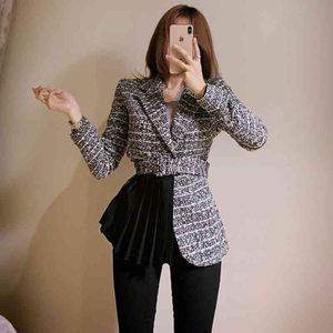 [EWQ] Spring Female Turn-down Collar Long-sleeved Patchwork Black Panelled Pleated Hem Woolen Tweed Coat 8D432 210423