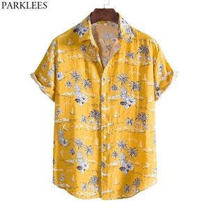 Erkekler için Sarı Hawaii Plaj Gömlek Moda Hindistan Cevizi Ağacı Baskı Tatil Tatil Gömlek Kısa Kollu Tropikal Aloha Chemise 210522