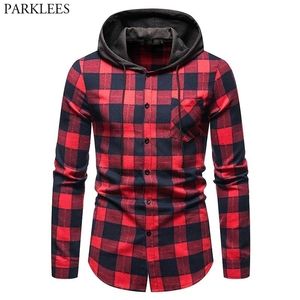 Klasik Kırmızı Siyah Ekose Hoodie Gömlek Erkekler Moda Patchwork Erkek Checked Gömlek Rahat Patchwork Kapşonlu Gömlek Ceket Chemise 210522