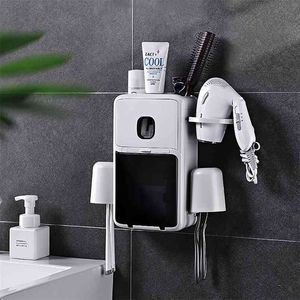 Portaspazzolino multifunzione Dispenser automatico di dentifricio a parete Set di accessori per il bagno Portaoggetti 210423