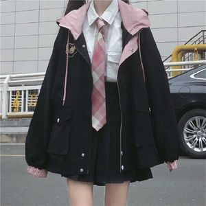 Winter Japanese women's casual punk streetwear jacket loose pockets long-sleeved hooded big size fashion Vintage Harajuku 211029