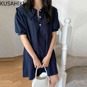 Verão Peter Pan Collar Mulheres Vestido Causal Buff Manga Botões Coreano Vestidos A-Linha Vestidos de Mujer 6J679 210603