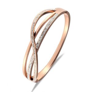 Ny ankomst Hot 316 Rostfritt stål Rose Guldkristaller Spring Bangle Armband Nickel Gratis Smycken För Kvinnor Lover Gift Q0717