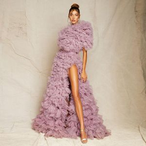 Chic Fluffy Pileli Uzun Abiye Kadınlar Maxi Yan Yüksek Bölünmüş Ruffled Tül Elbise Custom Made Kış Kıyafeti Için