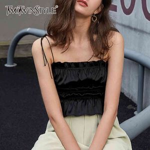 Sexy Summer Women Blouse Square Collar Sleeveless Spaghetti Strap Lace Up Bow Tunic Ruffles Shirt For Female 210524