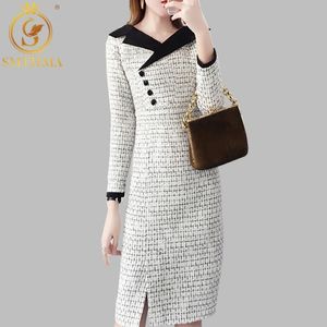 Herbst und Winter Tweed Kleid Frauen Vintage Wolle Kleider Damen Elegante V-ausschnitt Langarm Woolen Vestidos 210520