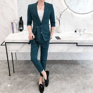 Mens Gürtelte Blazer mit Hosen Rosa Anzüge Herren Designer Elegante Anzüge für Mens Grün Homecoming Kleider Herren Slim Fit Anzüge X0909