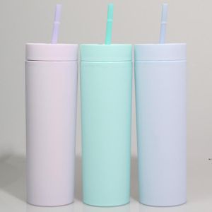NEW16oz Acrylic Tumblers Matte Colors Double Wall 500ml Tumbler Coffee Drinking Plastic Sippy Cup With Lid Straws SEAWAY CCF9781