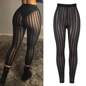 Mode kvinnor mesh randiga sexiga leggings damer casual perspektiv lång byxa knä längd smal byxor party club wear women's capris