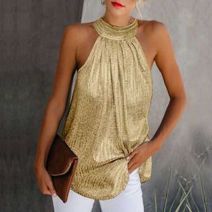 Frauen Gold Bluse Mode High Neck Ärmellose Hatler Tank Top Weste Sommer Casual Lose Bluse Shirt T-stück 210527