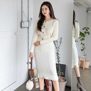 Autunno coreano elegante intrecciato 2 pezzi set donne monopetto maglione lavorato a maglia cardigan + matita aderente gonna 210529