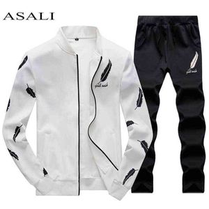 Asali Herren Trainingsanzug Reißverschluss 2021 Spring Sets Fleece Lässige Männer Set 3D Druck Falten Hoodies Sweatshirt Hose Anzug Fitness Kleidung G1209