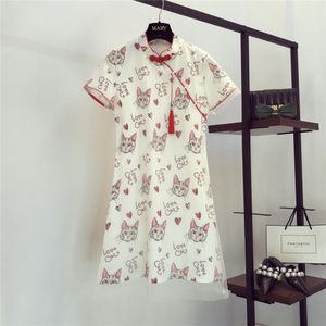 Chinese Cheongsam Style Summer Women Short Sleeves Cat Print Patchwork Mesh Dress Female Casual Dresses A1646 210428