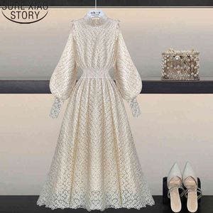Vintage Embroidery Puff Sleeve Dress Autumn and Winter Elegant Maxi Dresses for Women Ladies Vestido Feminino 12529 210417