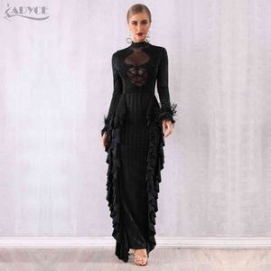 Maxi Kadınlar Ruffles Bodycon Ünlü Parti Elbise Vestidos Verano Seksi Uzun Kollu Dantel İnciler Tüy Kulübü 210423