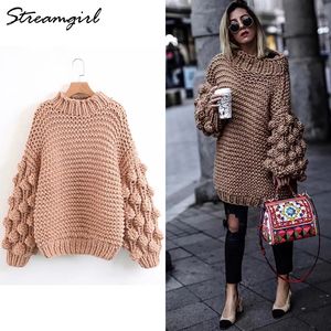 Handmade sweter kobiety dzianina latarnia rękawa ponadgabarytowy sweter grube dzianiny swetry dla kobiet swetry z kulkami kobiet 210421