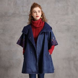 Johnature Women Vintage Hooded Embroidery Trench Denim Blue Button Coats Winter Thick Women Clothes Chinese Style Coats 210521
