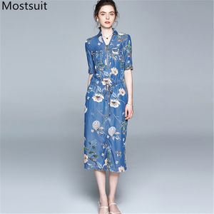 夏の青い花のプリントデニムロングドレスの女性半袖Vネックドローストリングウエストジップアップファッションエレガントなvestidos 210518