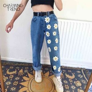 Mode chic kvinna jeans hög midja raka söta kvinnliga denim långa byxor byxor vintage tusenskönor tryckta kvinnor 210809