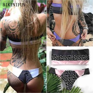 Sexig Stropless Bandeau Bikini Kvinnor Baddräkt Stripe Patchwork Baddräkt S-XL Låg midja Baklösa Badkläder Flicka Set 210621