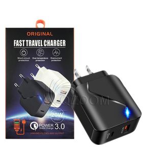 LED Type-C 20W PD och QC 3.0 snabbladdare USA EU-kontakt för mobil mobiltelefon Universal väggadapter med detaljhandelspaket