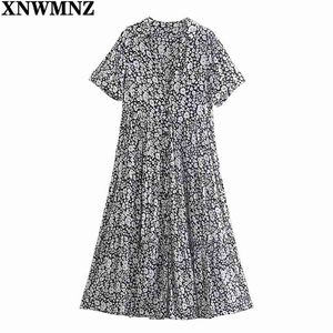 Frauen Mode Schwarz Weiß Gedruckt Midi Kleid Weibliche V-ausschnitt Kurzarm Knopf Ausgestelltes Saum Sommer Kleider Robe 210520