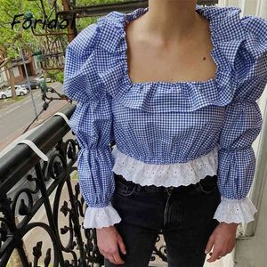 Ruffle Vintage Plaid Blouse Shirt Women French Style Print Boho Spring Autumn Crop Tops Puff Sleeve Casual Blue Blouse 210415