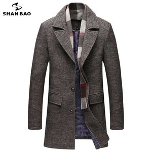 Shan Bao 브랜드 의류 겨울 두껍고 따뜻한 남자 슬림 긴 모직 코트 클래식 옷깃 젊은 캐주얼 대형 모직 코트 M-5XL 211122