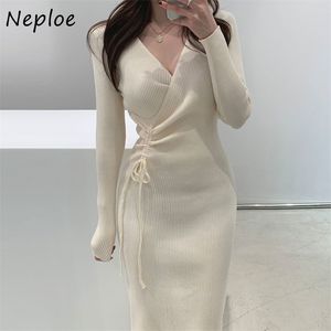 Coreano cintura alta anca bodycon vestido wome v pescoço pulôver manga comprida vestdios split design camisola de malha vesti inverno 210422